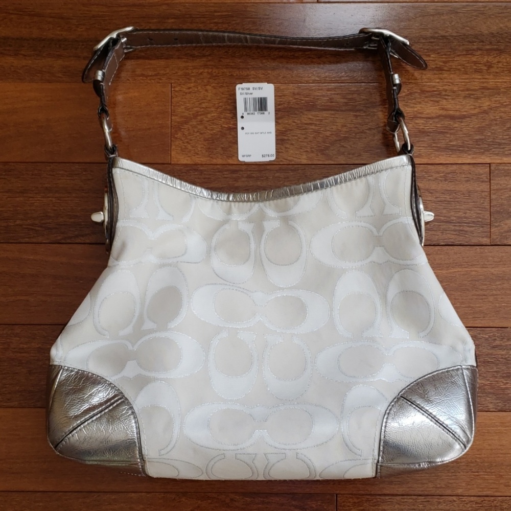 Coach Peyton Sateen Metallic Hobo Bag White Silver